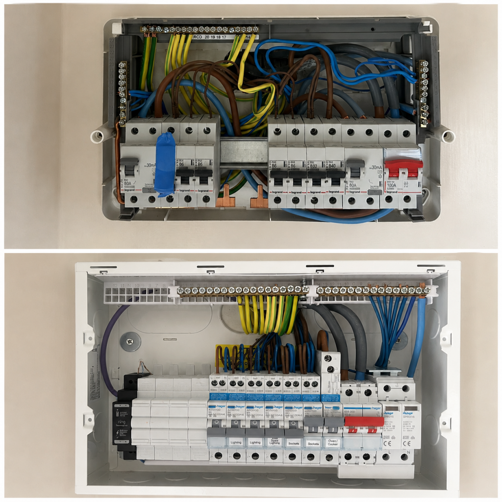 Before and after consumer unit replacement showing an older fuse board upgraded to a modern Hager consumer unit