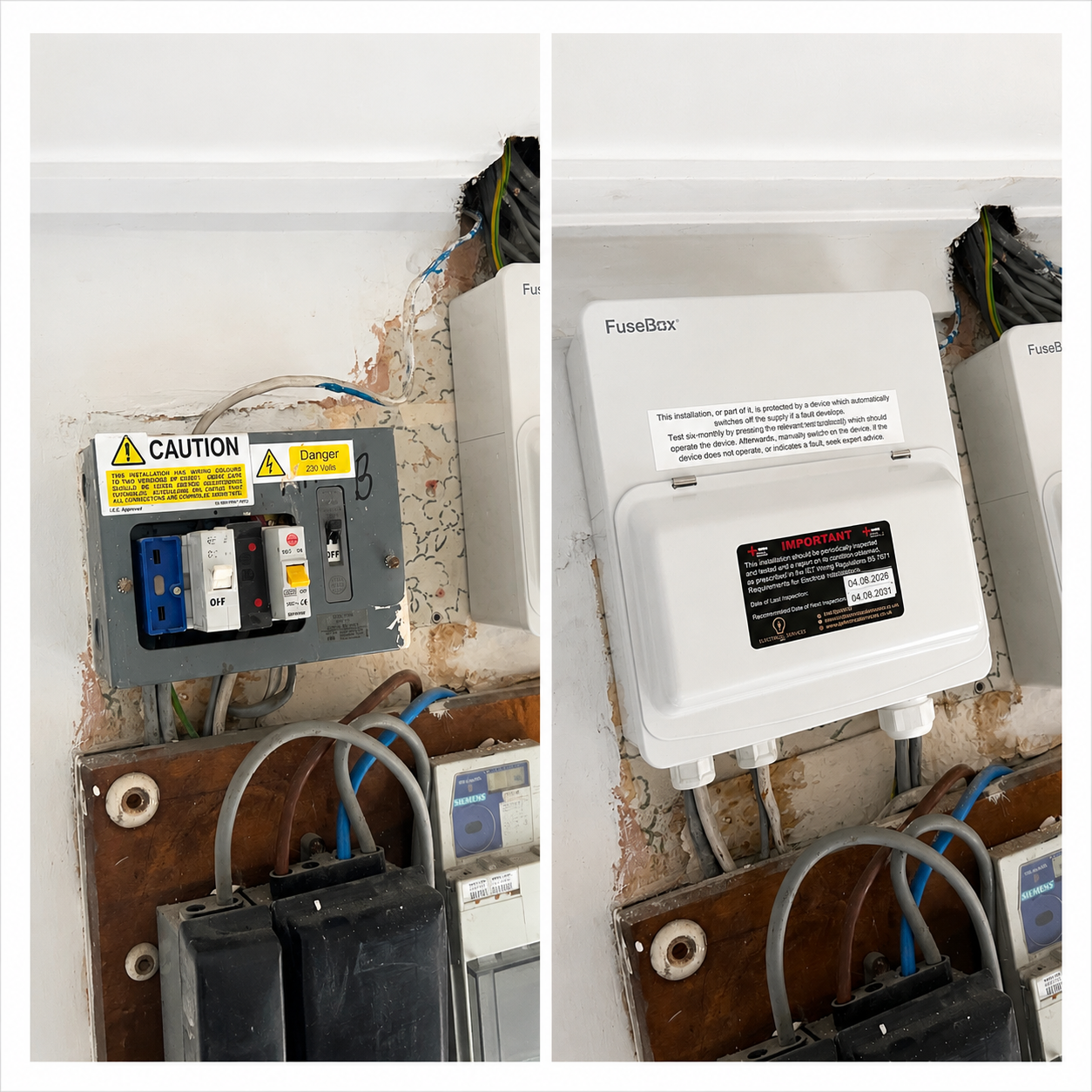 Before and after small consumer unit upgrade replacing an older fuse box with a modern consumer unit