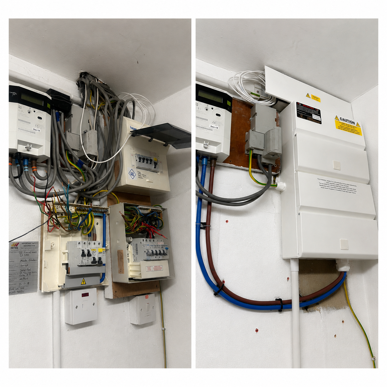 Before and after large consumer unit upgrade replacing multiple older fuse boards with a modern consumer unit installation