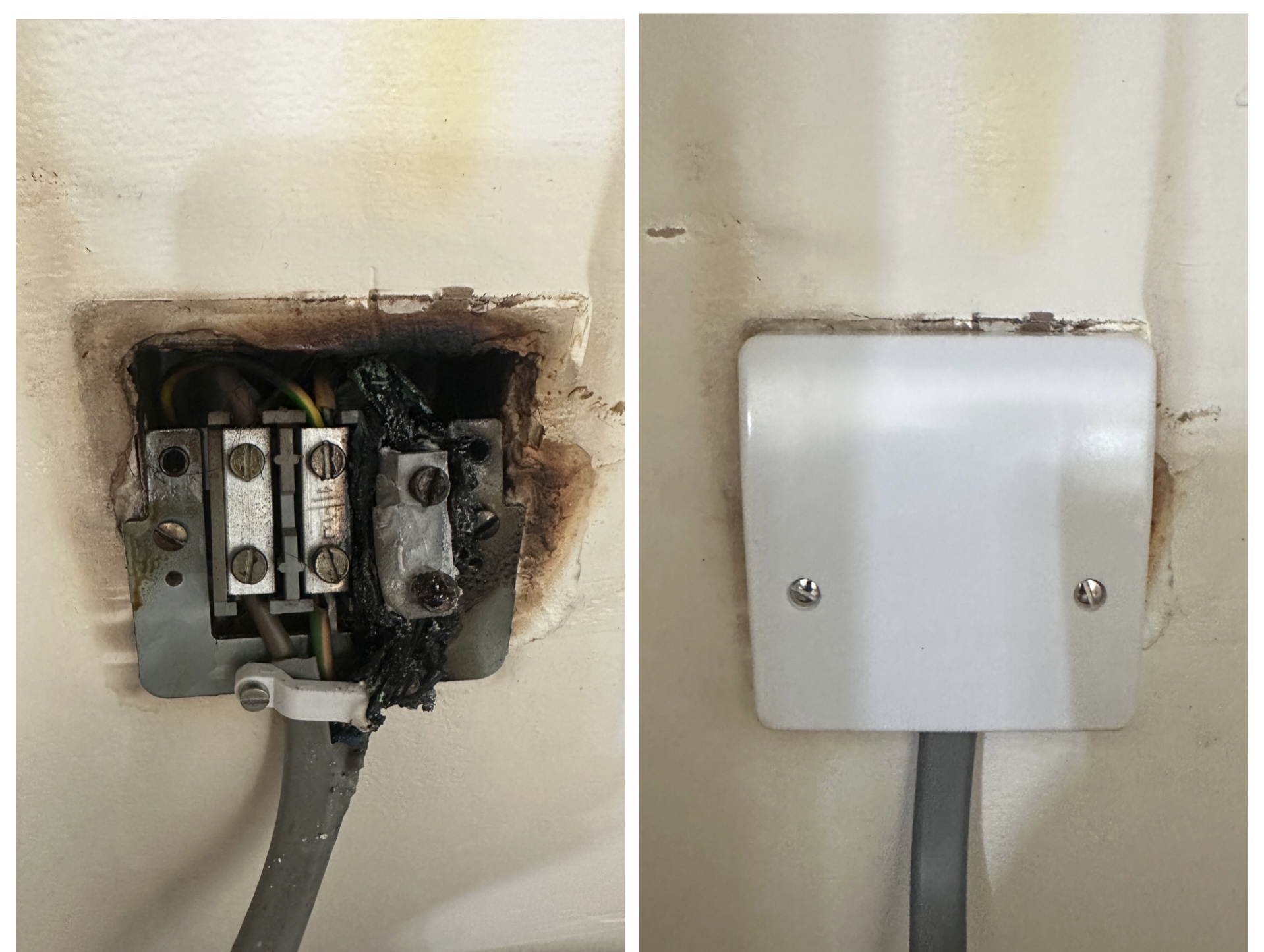 Heat-damaged electrical connection identified and safely repaired