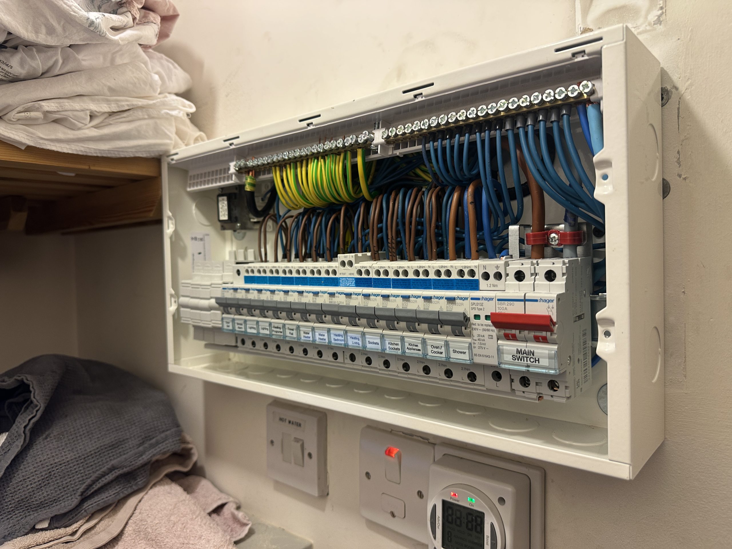 Hager consumer unit with organised circuit wiring, RCBOs and surge protection